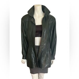 VINTAGE 90s Leather Jacket Dark Green Size Small